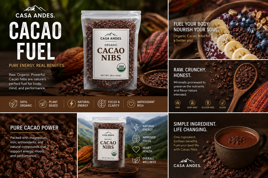 Casa Andes Superfoods Cacao Nibs Organic - 8 Oz - Fino de Aroma Bean - Raw Unsweetened Chocolate Substitute - Certified Organic - Keto, Vegan & Non-GMO - Antioxidant